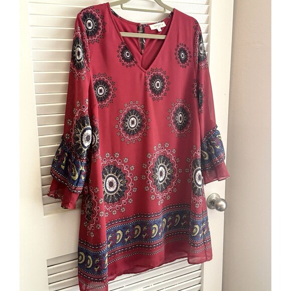 UMGEE Red Paisley Boho Tunic XL Relaxed Fit Tiered Flutter Sleeves Sheer Overlay - Picture 5 of 11
